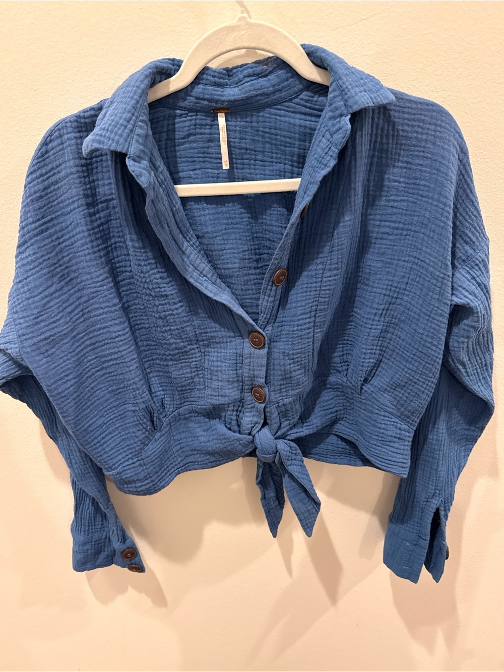 Free People XS Blue Cotton Gauze Tie Front Crop Button Shirt Boho
